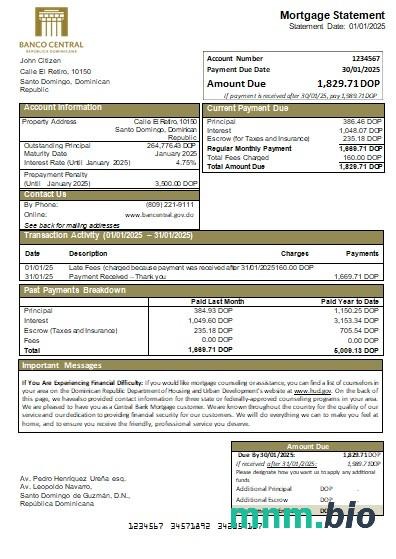 Dominikana Bank Centralny wyciąg z kredytu hipotecznego szablon Word i PDF